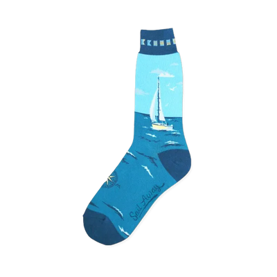 Crew socks in teal and light blue, depicting a sailboat on the ocean.  The socks also feature a small compass and the words 'Sail Away'.