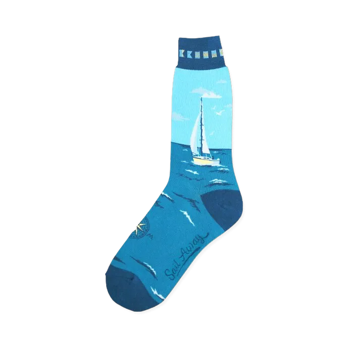 Crew socks in teal and light blue, depicting a sailboat on the ocean.  The socks also feature a small compass and the words 'Sail Away'. }}