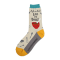 Cream crew socks with a gray cuff.  Features a red bowl, spoons, and whisk, plus the text 'Life is short, Lick the Bowl!'