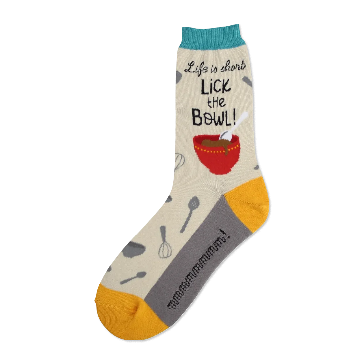 Cream crew socks with a gray cuff.  Features a red bowl, spoons, and whisk, plus the text 'Life is short, Lick the Bowl!'