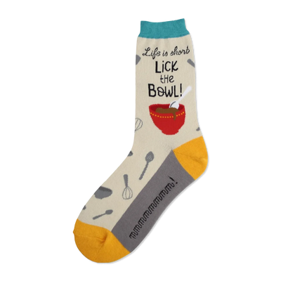 Cream crew socks with a gray cuff.  Features a red bowl, spoons, and whisk, plus the text 'Life is short, Lick the Bowl!'