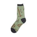 Crew socks in sage green with a repeating pattern of brown architectural tools like rulers, compasses, and set squares on a grid background. Dark gray heel and toe.