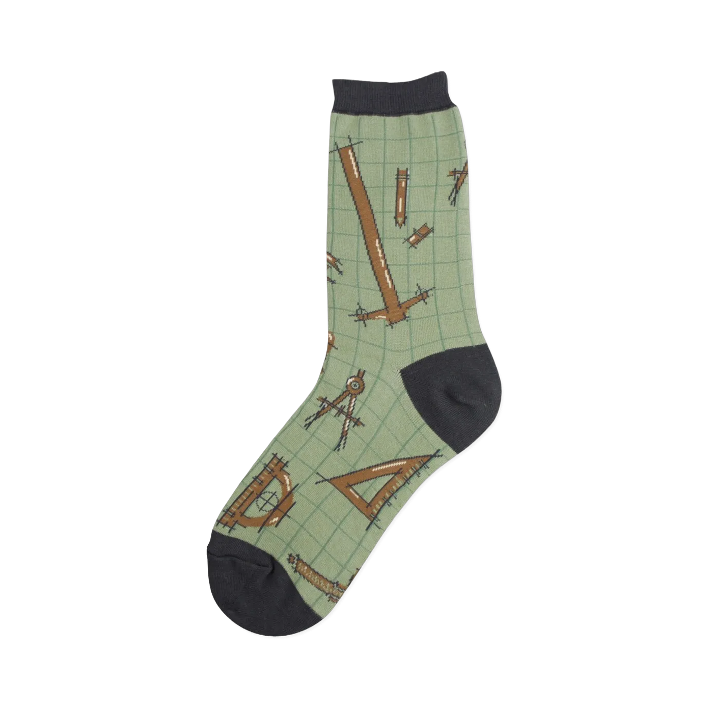 Crew socks in sage green with a repeating pattern of brown architectural tools like rulers, compasses, and set squares on a grid background. Dark gray heel and toe.