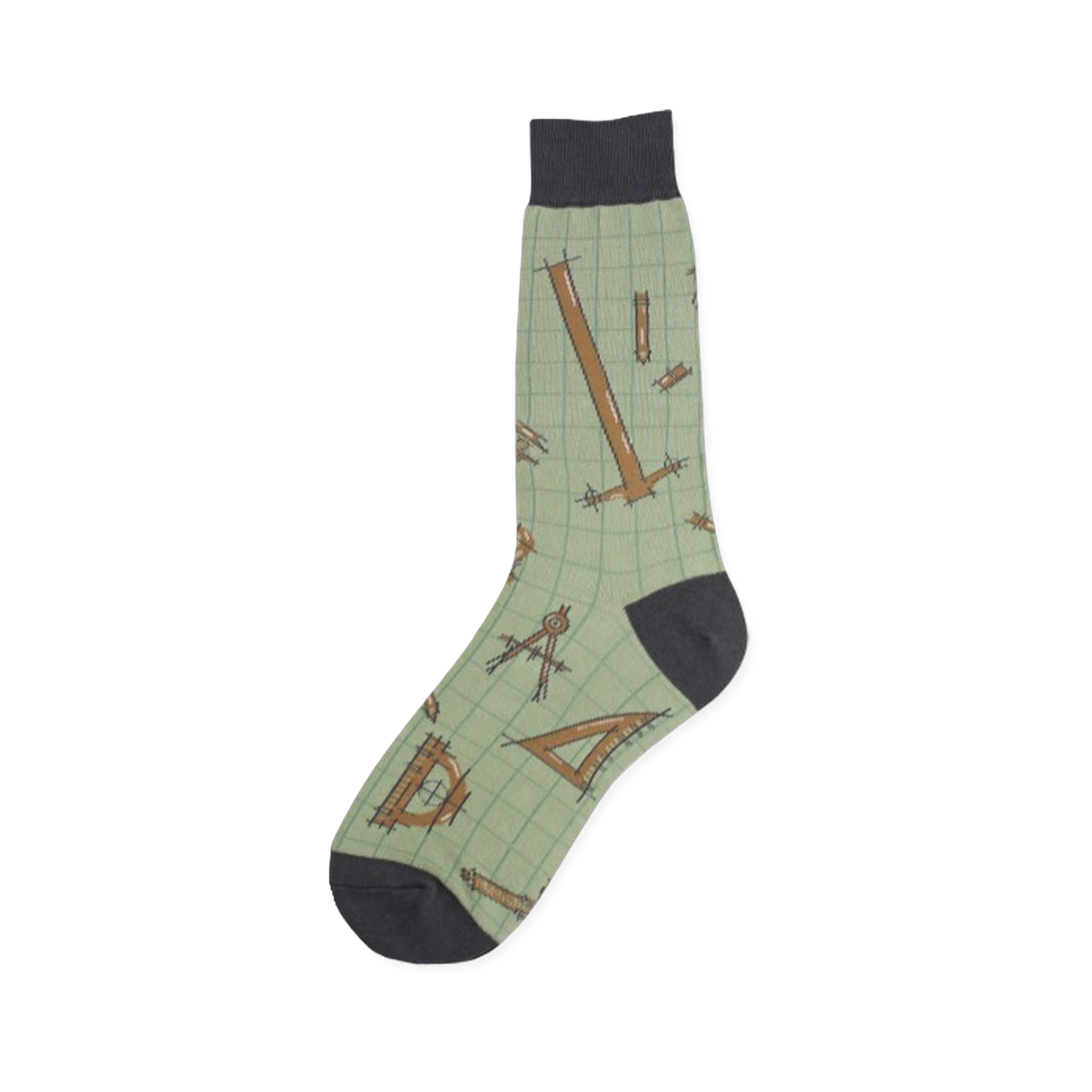 Crew socks in sage green with a pattern of brown architectural tools like rulers, compasses and set squares on a grid background. Dark grey heel and toe.