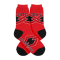 Red crew socks with black geometric design and the words 'Cute' and 'Sexy'. Black accents at the toes and cuffs.