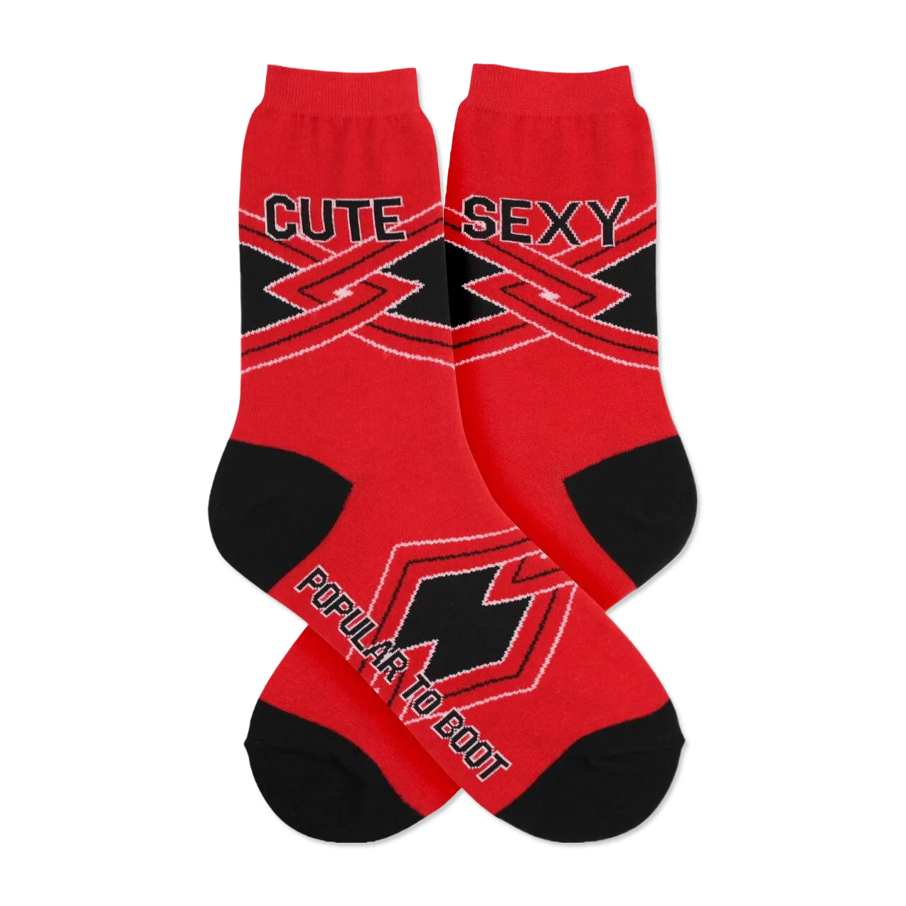 Red crew socks with black geometric design and the words 'Cute' and 'Sexy'. Black accents at the toes and cuffs.