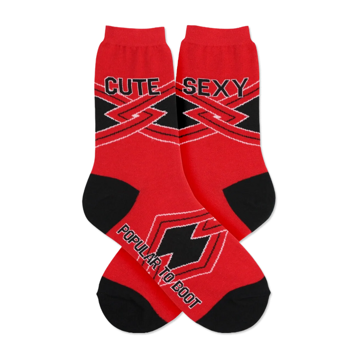 Red crew socks with black geometric design and the words 'Cute' and 'Sexy'. Black accents at the toes and cuffs. }}