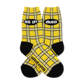 Pair of yellow plaid crew socks with black accents. Phrases 'as if!', 'duh!', and 'whatever' are printed on the socks.