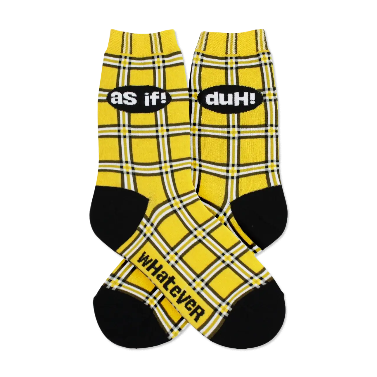 Pair of yellow plaid crew socks with black accents. Phrases 'as if!', 'duh!', and 'whatever' are printed on the socks.