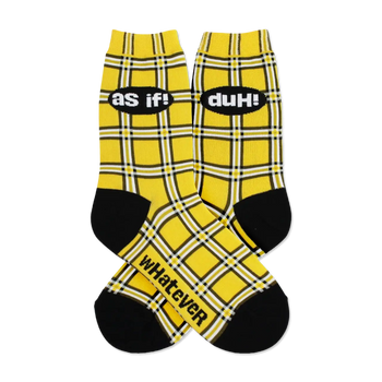 Pair of yellow plaid crew socks with black accents. Phrases 'as if!', 'duh!', and 'whatever' are printed on the socks.