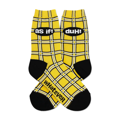 Pair of yellow plaid crew socks with black accents. Phrases 'as if!', 'duh!', and 'whatever' are printed on the socks.