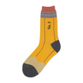 Crew socks designed like pencils. Yellow body, gray heel and toe, and beige eraser.  'No. 2' is printed on the shaft.