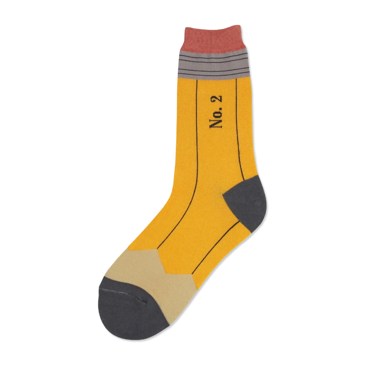 Crew socks designed like pencils. Yellow body, gray heel and toe, and beige eraser.  'No. 2' is printed on the shaft.