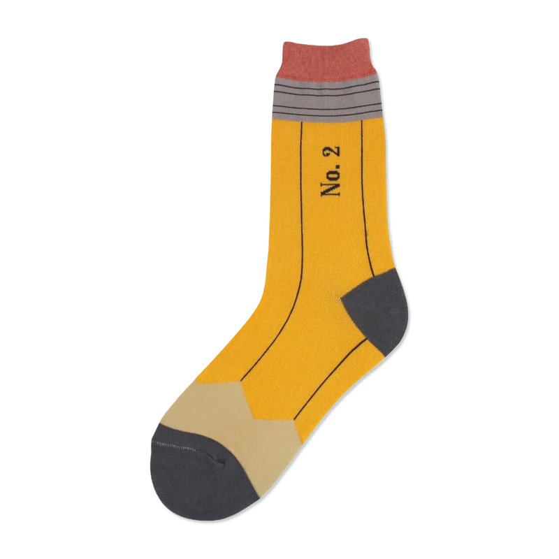 Crew socks designed like pencils. Yellow body, gray heel and toe, and beige eraser.  'No. 2' is printed on the shaft.
