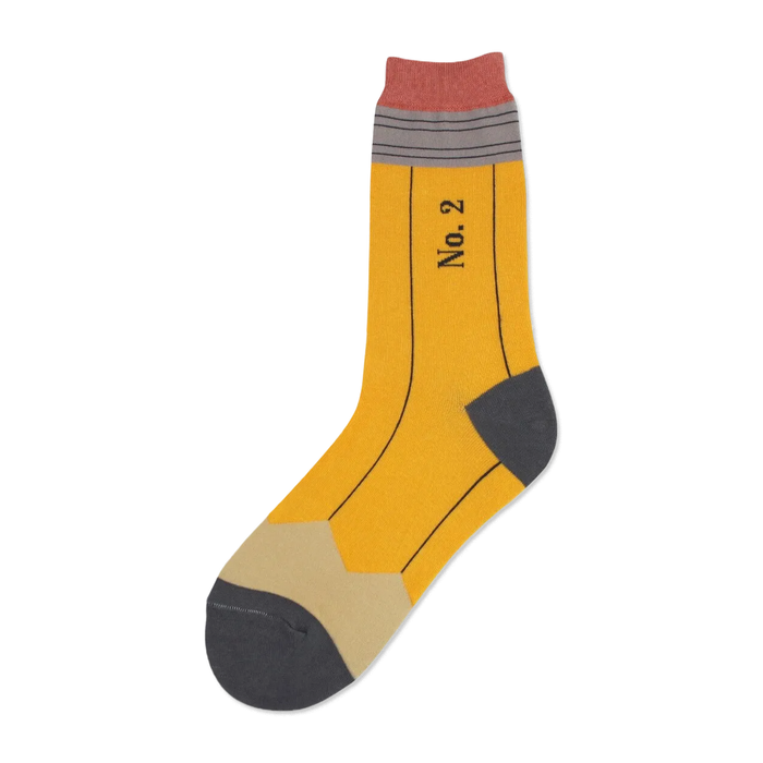 Crew socks designed like pencils. Yellow body, gray heel and toe, and beige eraser.  'No. 2' is printed on the shaft. }}