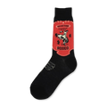 Black crew socks with a red and off-white design. The design is a vintage-style rodeo scene with a cowboy on a bucking bronco, cacti, and the text 'Not My First Rodeo'.