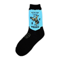 Black crew socks with a light-blue patch showing a vintage-style illustration of a cowboy on a bronco. The words 'Not My First Rodeo' and 'Rodeo' are featured.
