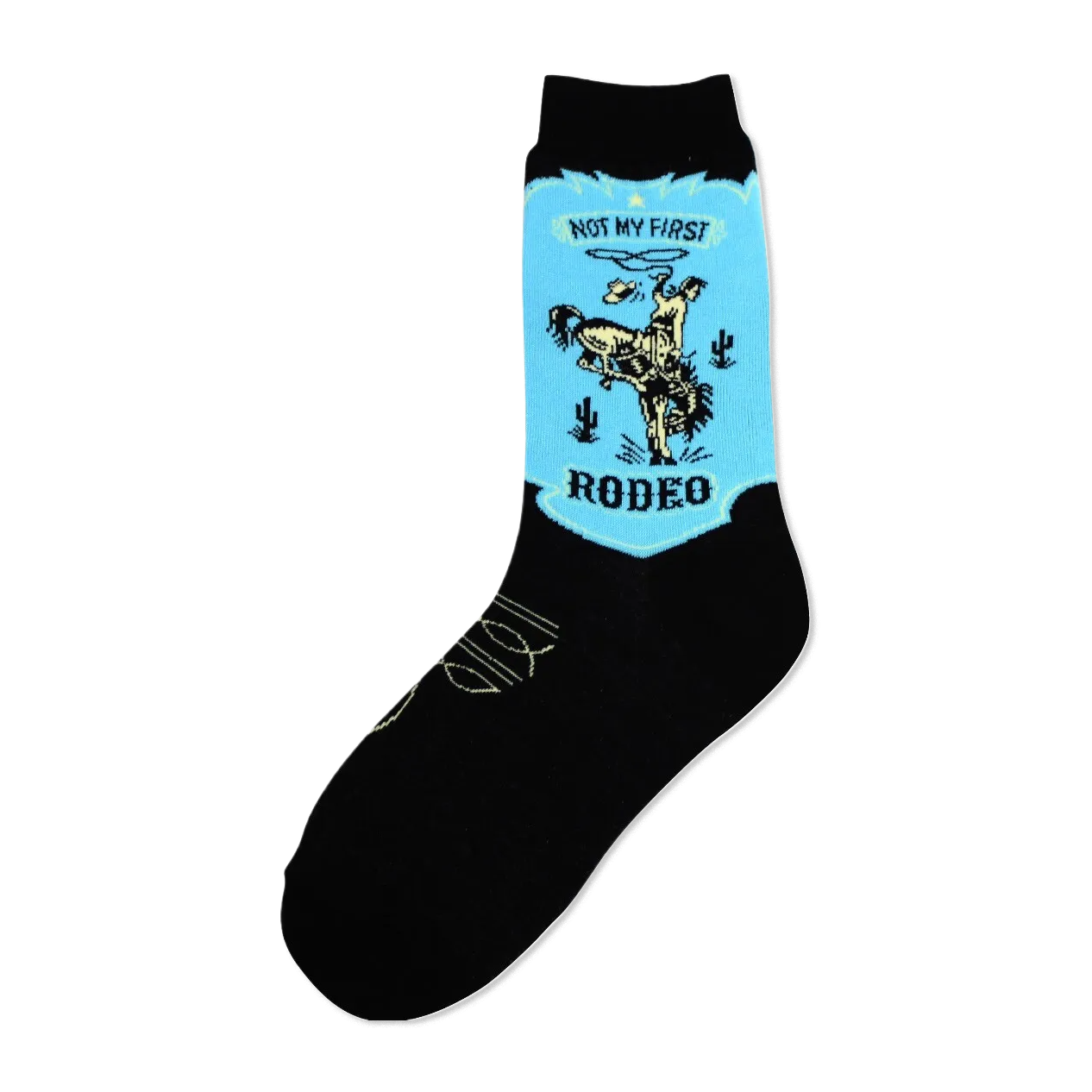 Black crew socks with a light-blue patch showing a vintage-style illustration of a cowboy on a bronco. The words 'Not My First Rodeo' and 'Rodeo' are featured.