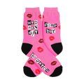 Pink crew socks with a 'Wednesday' theme.  They have red and brown lips printed on them, along with the phrases 'Wednesday' and 'Hump Day' in a magazine-style cut-out font and 'So fetch' on the bottom.