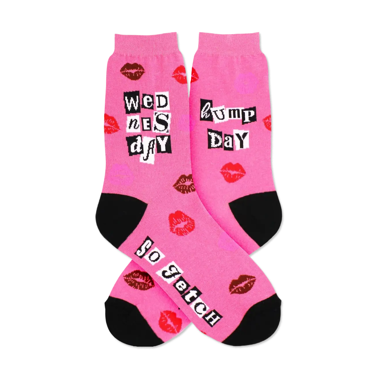 Pink crew socks with a 'Wednesday' theme.  They have red and brown lips printed on them, along with the phrases 'Wednesday' and 'Hump Day' in a magazine-style cut-out font and 'So fetch' on the bottom.