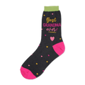 Dark gray crew socks with a 'Best Grandma Ever!' message, pink and gold hearts, and a bright pink toe and cuff.
