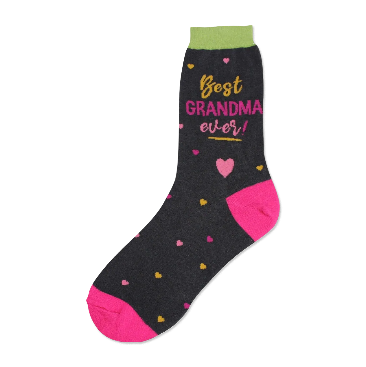 Dark gray crew socks with a 'Best Grandma Ever!' message, pink and gold hearts, and a bright pink toe and cuff.