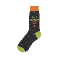 Dark navy crew socks with lime green cuffs, orange top, and multicolor stars. Text reads: 'Best Grandpa Ever!'
