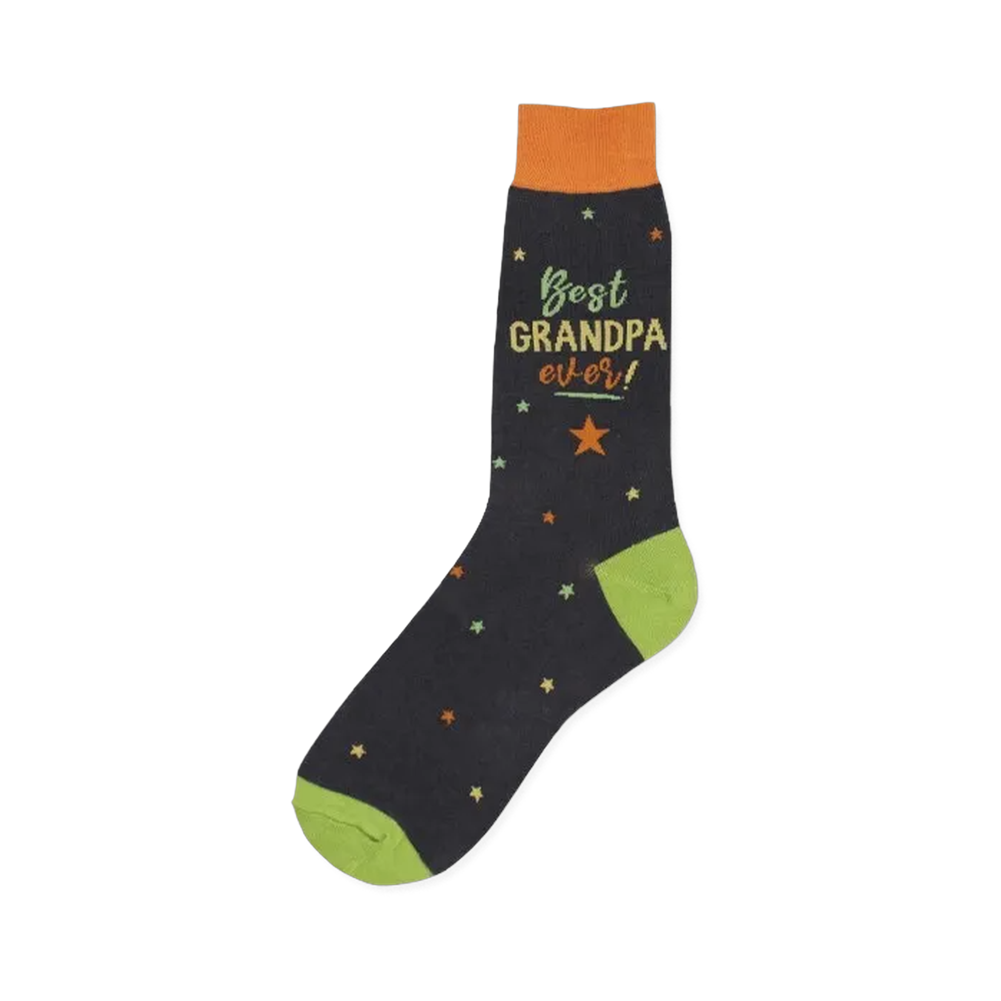 Dark navy crew socks with lime green cuffs, orange top, and multicolor stars. Text reads: 'Best Grandpa Ever!'