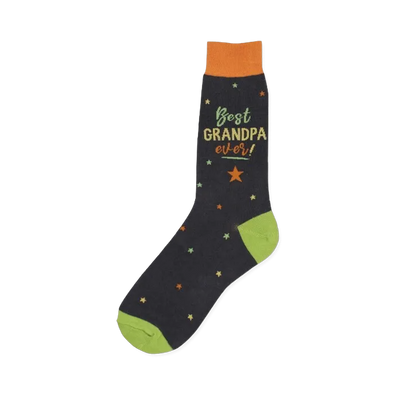 Dark navy crew socks with lime green cuffs, orange top, and multicolor stars. Text reads: 'Best Grandpa Ever!'
