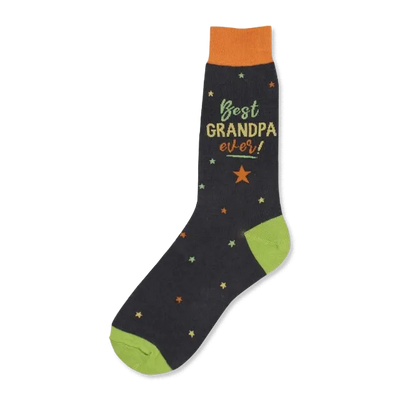Dark navy crew socks with lime green cuffs, orange top, and multicolor stars. Text reads: 'Best Grandpa Ever!'