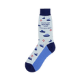 Light blue crew sock with navy boats, red life rings, and text reading You're only YOUNG once! (That ship has sailed.)