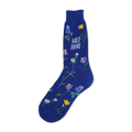 A close-up of a blue crew sock adorned with colorful wildflowers and the text 'Wild Thing'.
