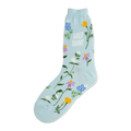 Light blue crew socks adorned with a whimsical pattern of various wildflowers in pink, purple, yellow, and blue, along with the text 'Wild Thing'.