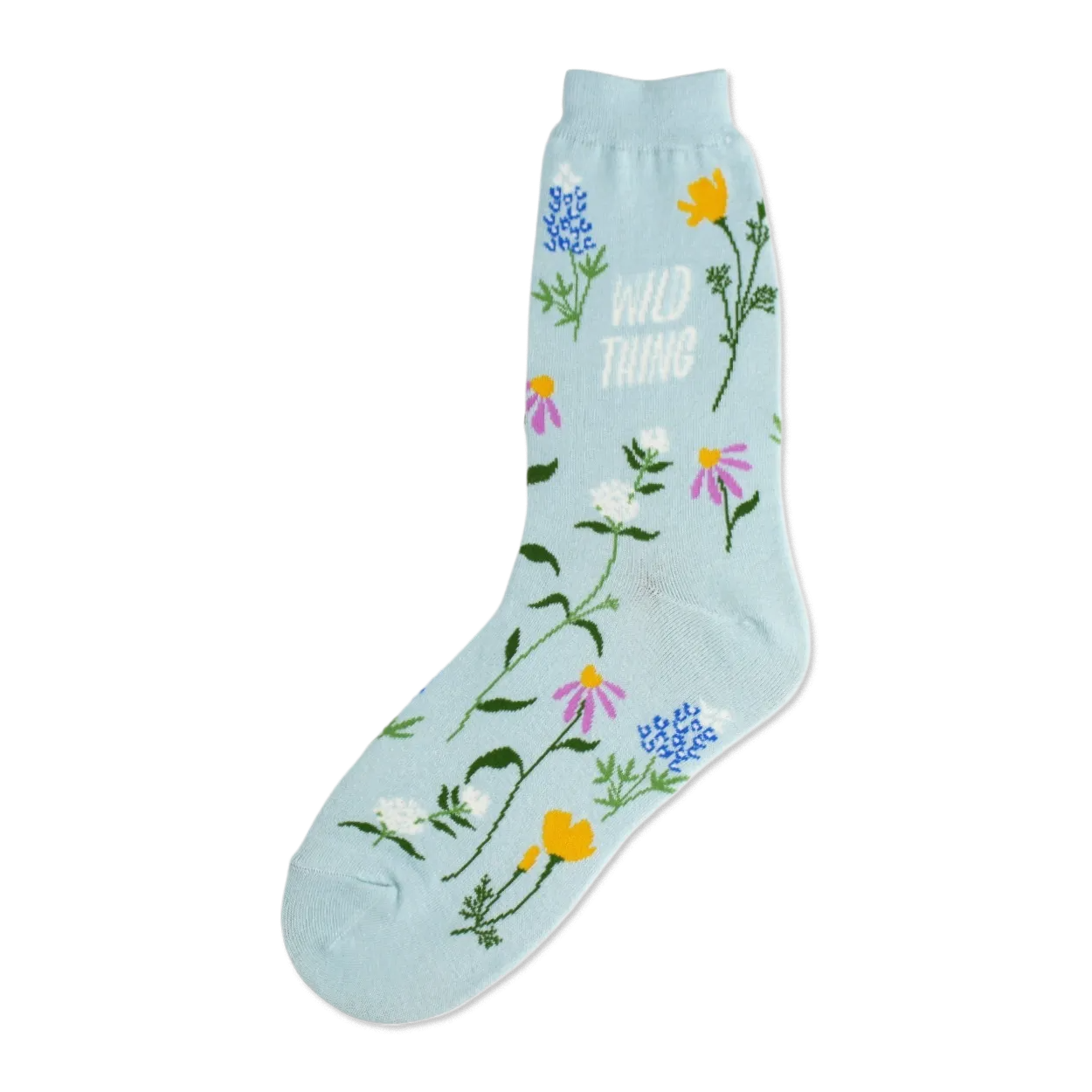 Light blue crew socks adorned with a whimsical pattern of various wildflowers in pink, purple, yellow, and blue, along with the text 'Wild Thing'.