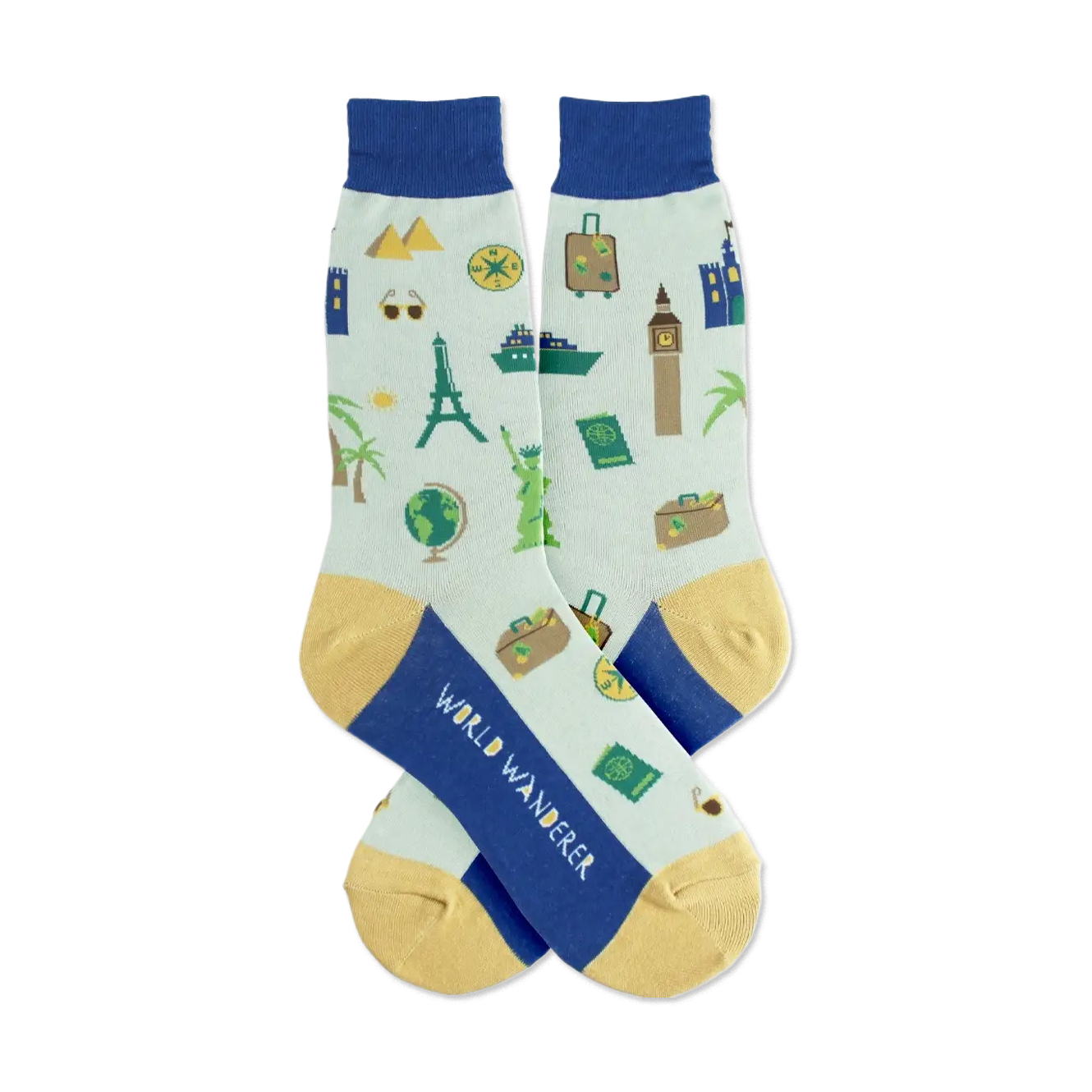Pair of light blue crew socks with a travel theme. Features landmarks, suitcases, and a compass in navy and gold.