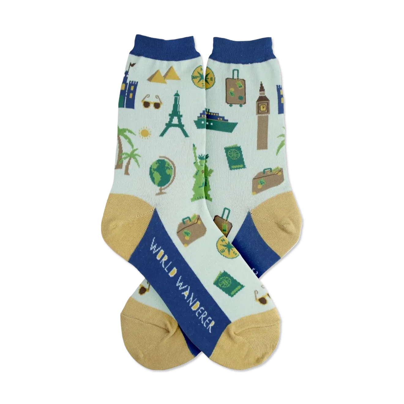 Pair of light teal crew socks with navy blue cuffs and gold heels. Features illustrated landmarks, suitcases, and travel icons.