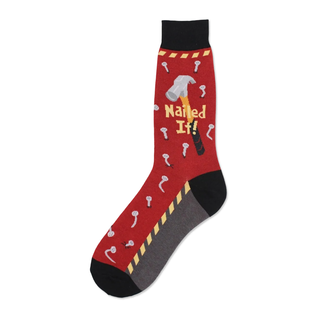 Red crew socks with a gray heel and toe.  The design includes a hammer, nails, and the phrase 'Nailed It!'