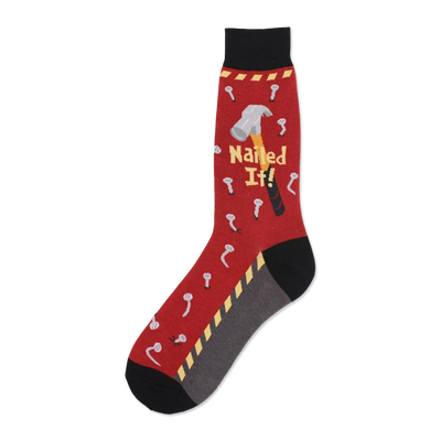 Red crew socks with a gray heel and toe.  The design includes a hammer, nails, and the phrase 'Nailed It!'