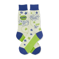 Cream crew socks with green and blue accents.  Features a funny 'fun fact' graphic and a cartoon fly.