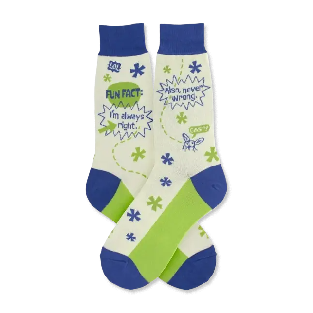 Cream crew socks with green and blue accents.  Features a funny 'fun fact' graphic and a cartoon fly.