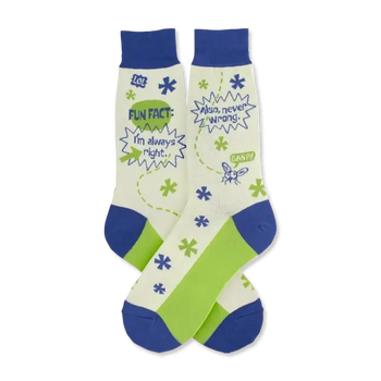 Cream crew socks with green and blue accents.  Features a funny 'fun fact' graphic and a cartoon fly.