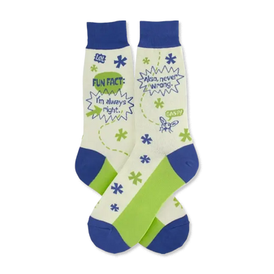 Cream crew socks with green and blue accents.  Features a funny 'fun fact' graphic and a cartoon fly.