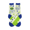 Pair of cream, green, and blue crew socks.  They feature a comic-style design with speech bubbles saying "I'm always right." and "Also, never wrong."