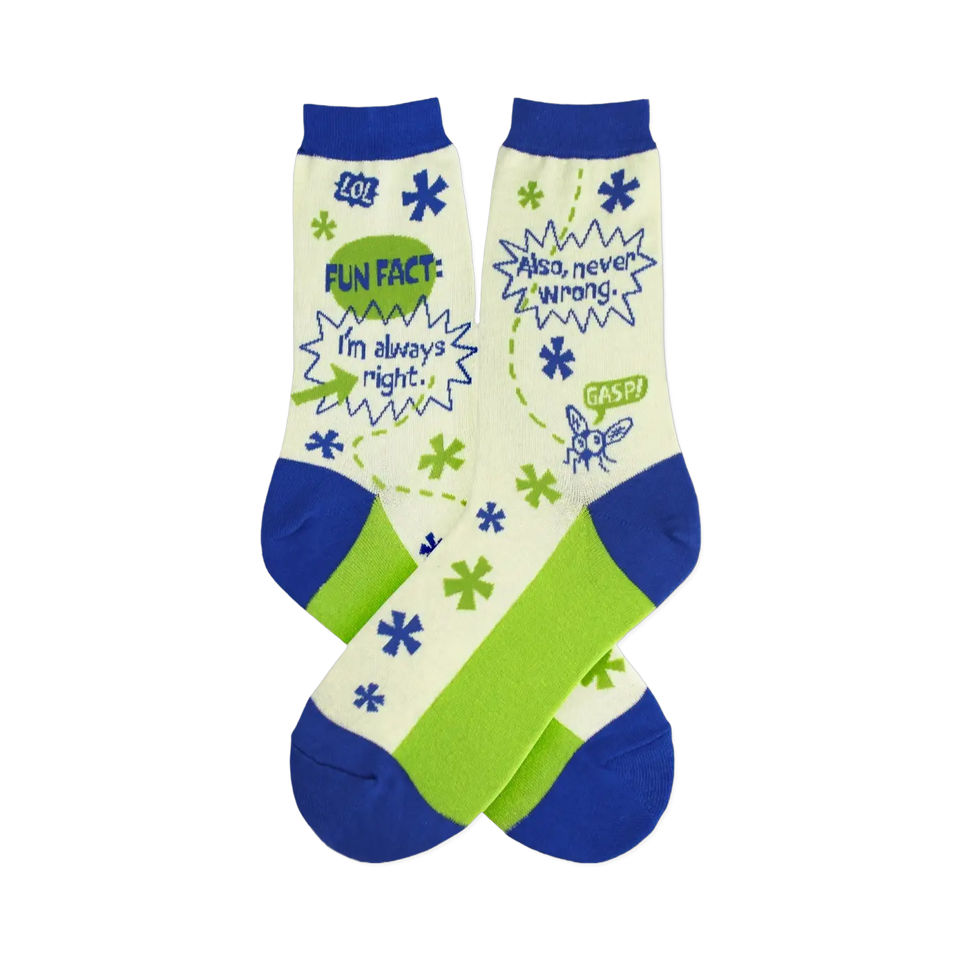 Pair of cream, green, and blue crew socks.  They feature a comic-style design with speech bubbles saying "I'm always right." and "Also, never wrong."