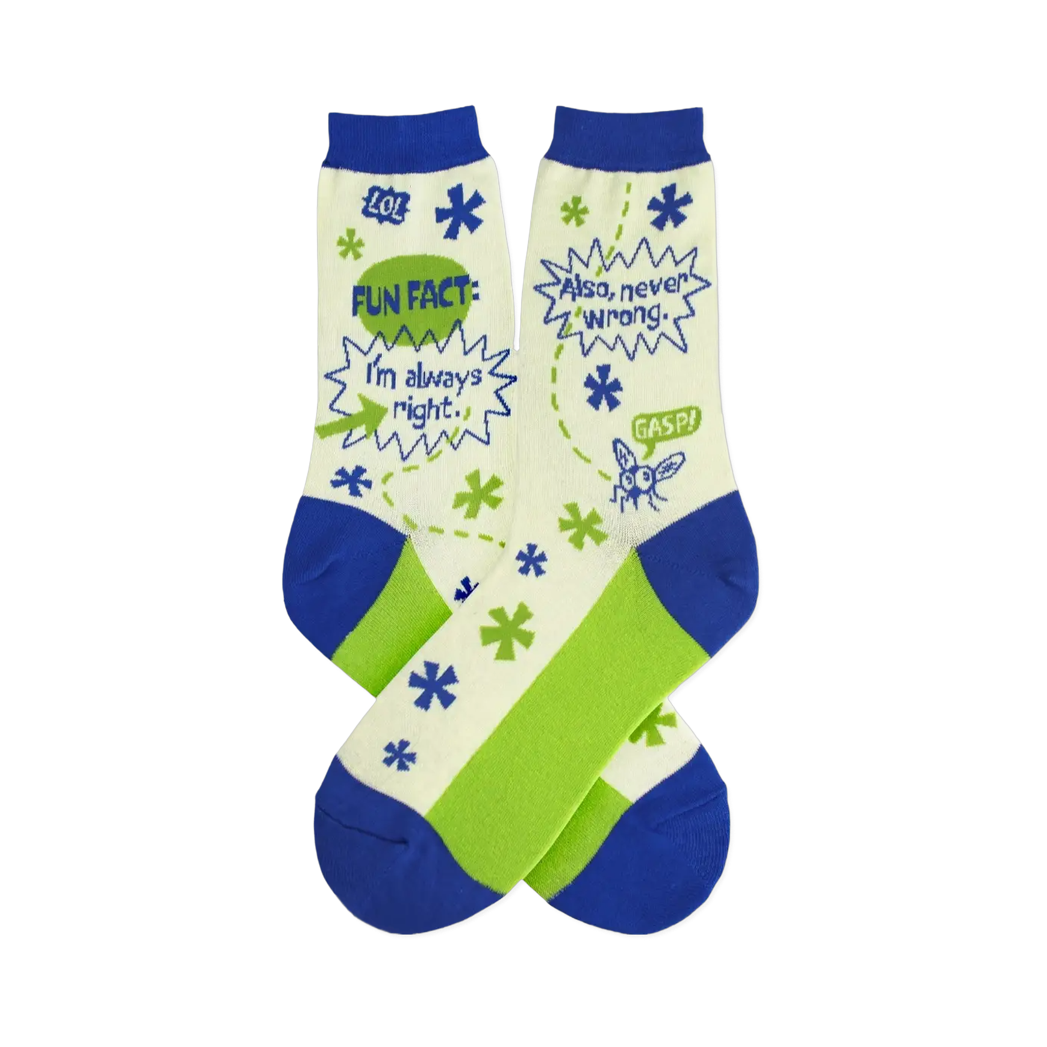 Pair of cream, green, and blue crew socks.  They feature a comic-style design with speech bubbles saying "I'm always right." and "Also, never wrong."