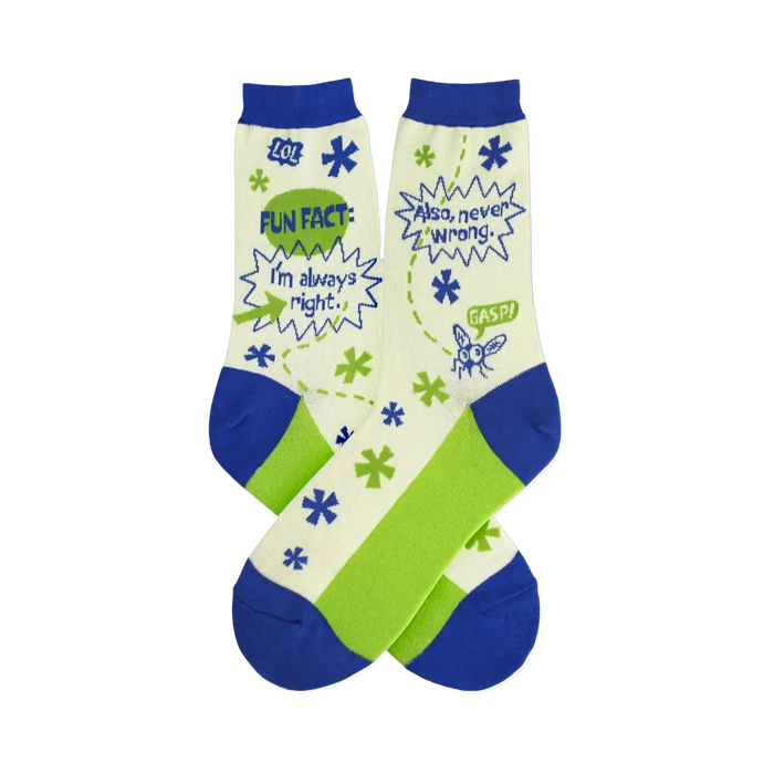 Pair of cream, green, and blue crew socks.  They feature a comic-style design with speech bubbles saying 