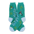 Crew socks in teal green, featuring colorful hummingbirds and lupine flowers. Light blue cuffs add a touch of contrast.
