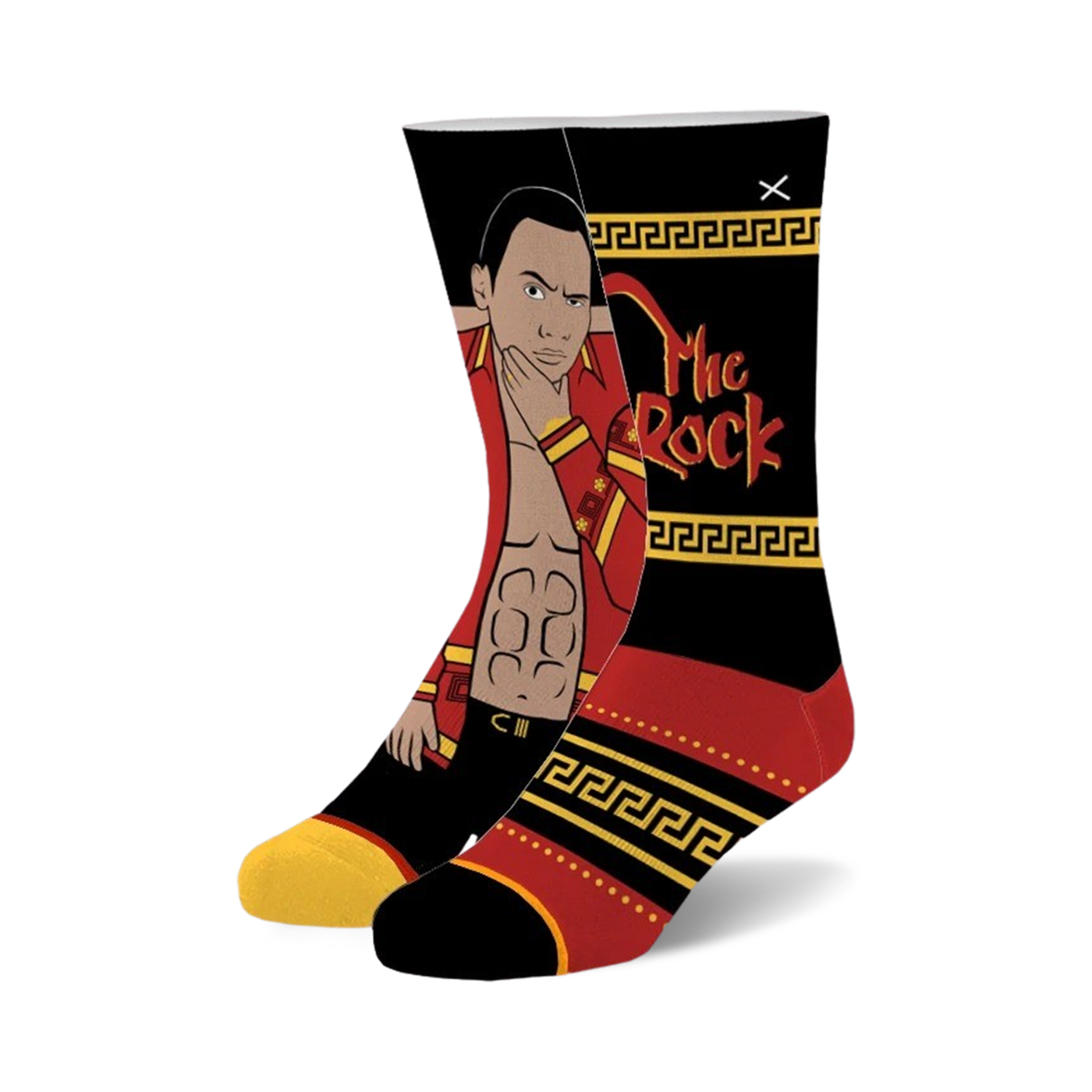 The Great One crew socks. Black, red, and gold design featuring The Rock's illustration and a Greek key pattern.
