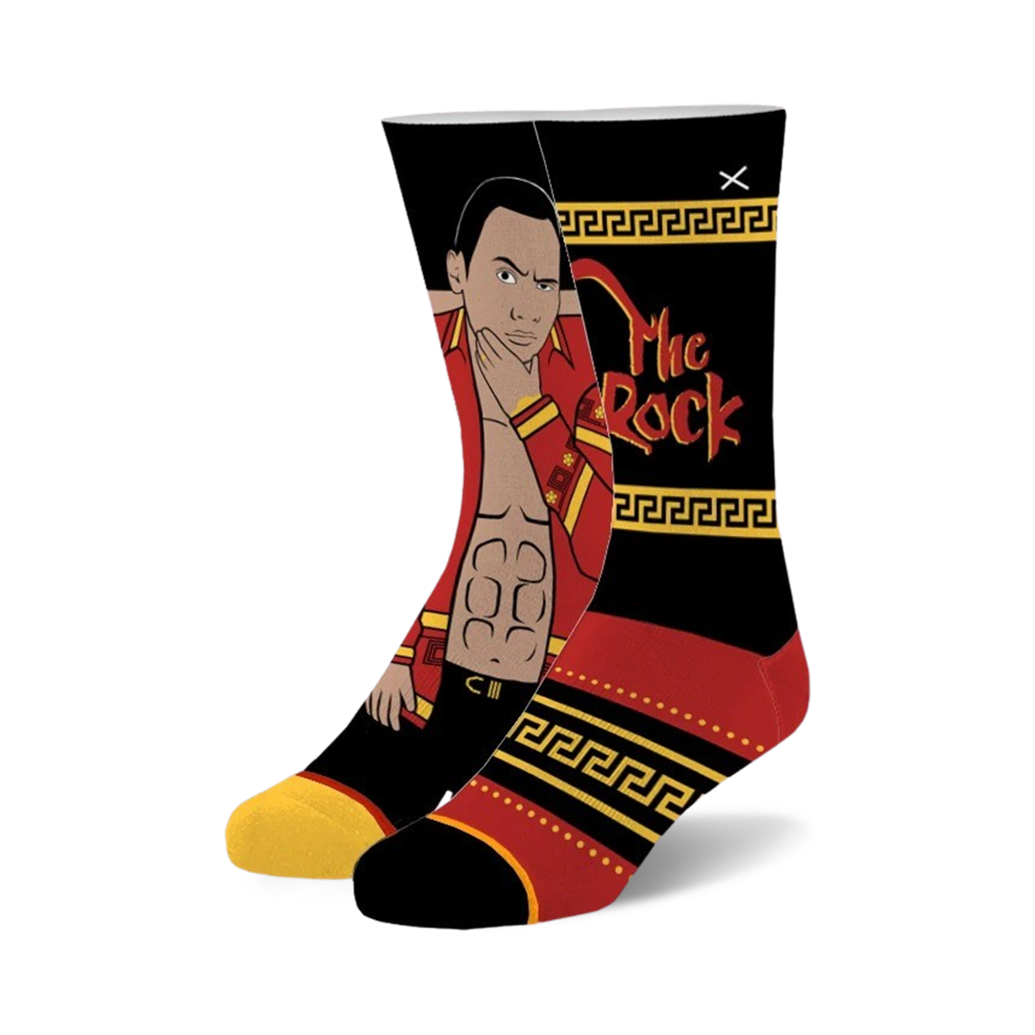 The Great One crew socks. Black, red, and gold design featuring The Rock's illustration and a Greek key pattern.