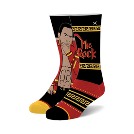black socks with red and yellow pattern featuring the rock from wwe. crew length. for men and women.   